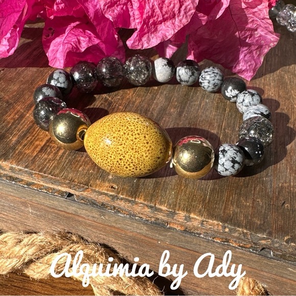 Very Chunky Snowflake obsidian beaded handmade bracelet / - Picture 1 of 4
